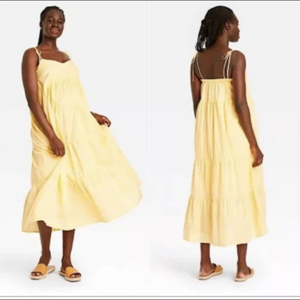 Sundress The Nines by Hatch  Large Yellow Cotton Tiered Maxi Sleeveless Ties